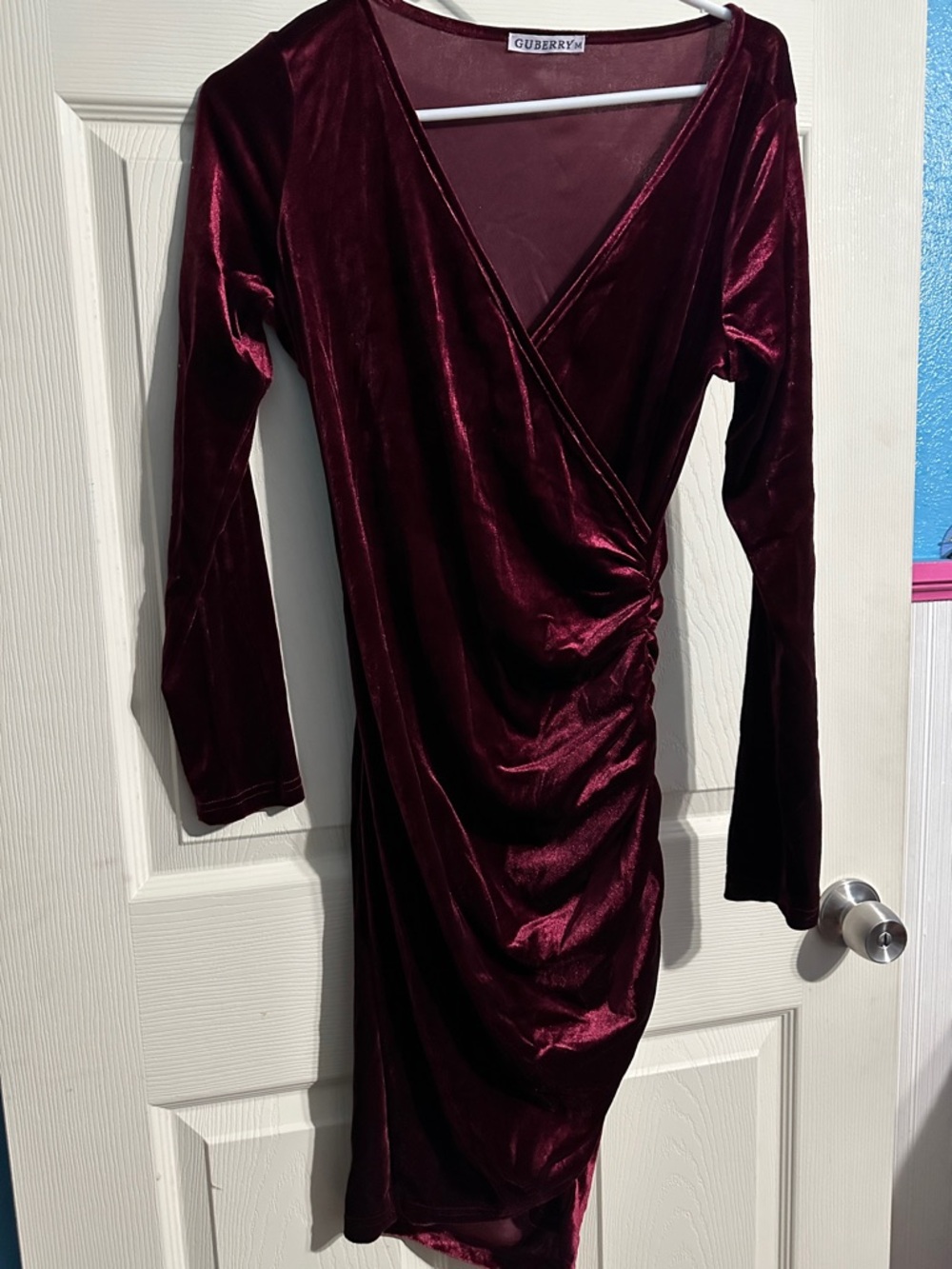 Guberry Women's Burgundy Velvet Ruched Wrap Midi Dress